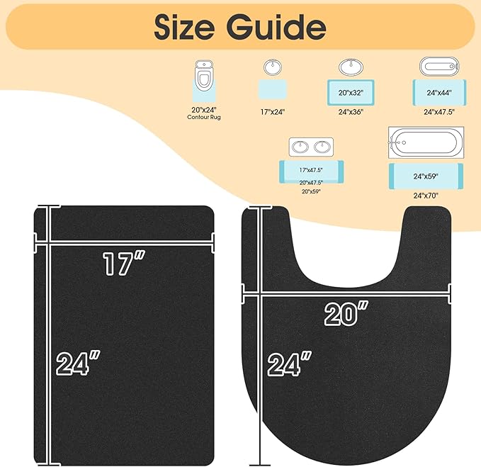 Ultra Thin Bath Mat, Upgrade Backing Non Slip Thin Bath Mats Fit Under Door, Quick Dry Ultra Absorbent Bathroom Rugs, Machine Washable Bath Rugs for Bathroom, Bathtub & Kitchen, Black/Solid/2 Piece