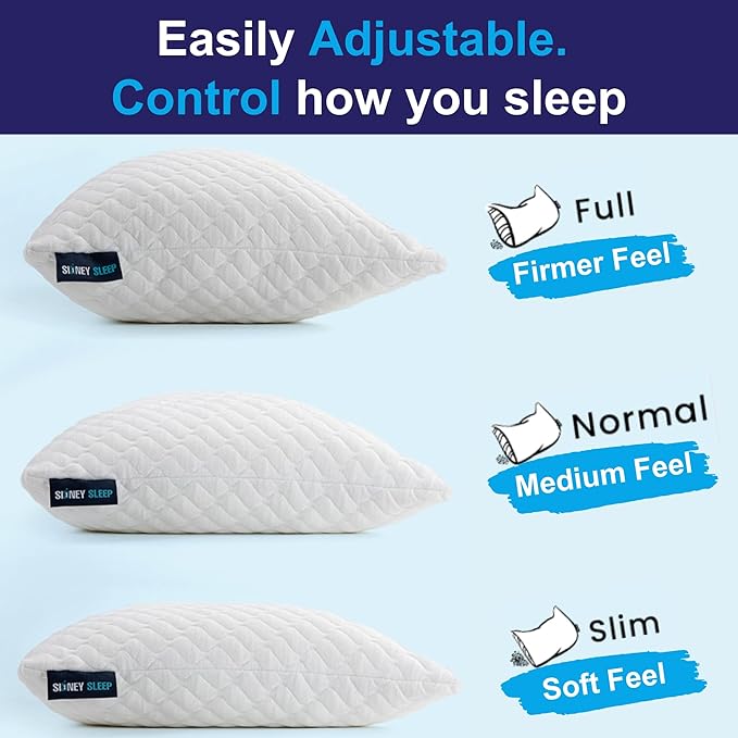 Sidney Sleep Set of 2 Queen Size Bed Pillows for Side and Back Sleepers - Adjustable Filling - Memory Foam Pillows for Neck and Shoulder Pain - Customizable Loft - Extra Foam Included (White)