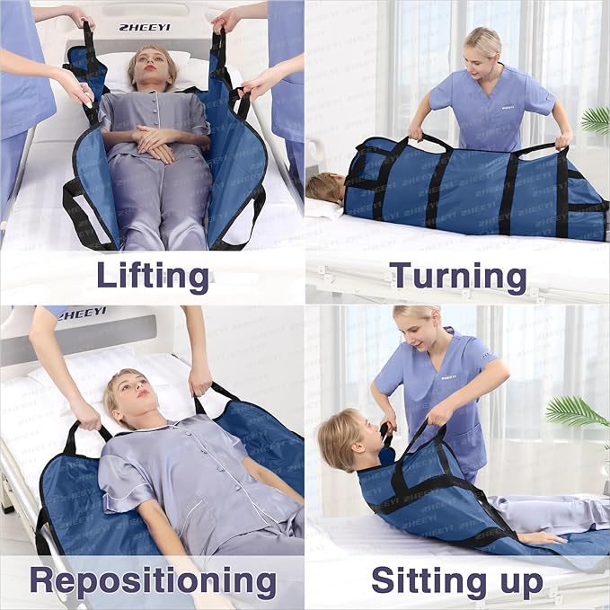Positioning Bed Pad with Reinforced Handles 43" x 36" Patient Transfer Sheet Aid Assistant for Body Lifting, Turning, Repositioning, for Elderly, Incontinence, Caregiver, Navy Blue