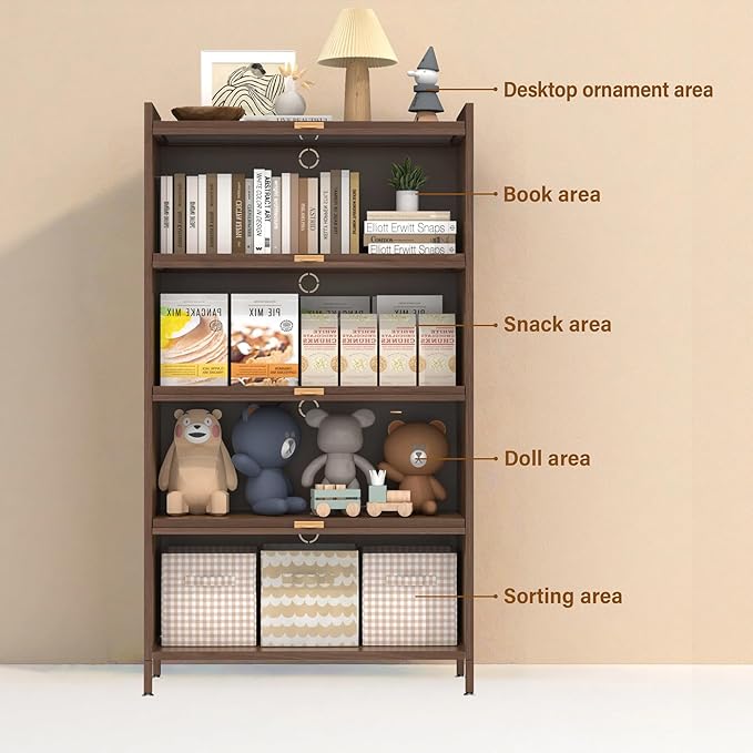 57'' Tall Metal Storage Cabinet with 4 Flip Doors, Freestanding Steel Organizer with Ample Storage Space for Bedroom Living Room Kitchen Office Entryway, Storage Organizer Walnut Finish