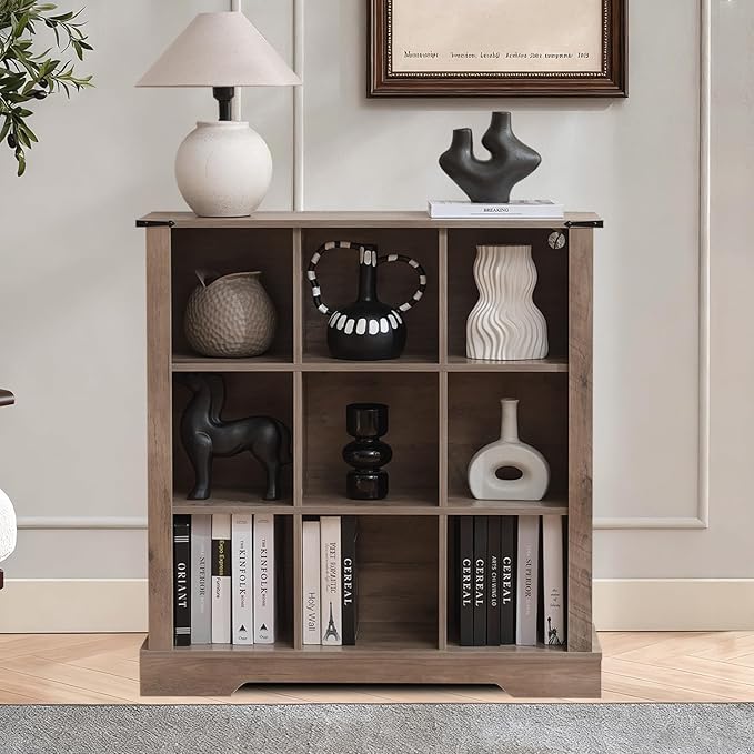 9 Cube Bookcase, Wooden Cube Storage Organizer Shelf, Brown Horizontal Book Shelf with LED Lights, Freestanding Display Cabinet for Living Room, Hallway TV Stand for Entryway