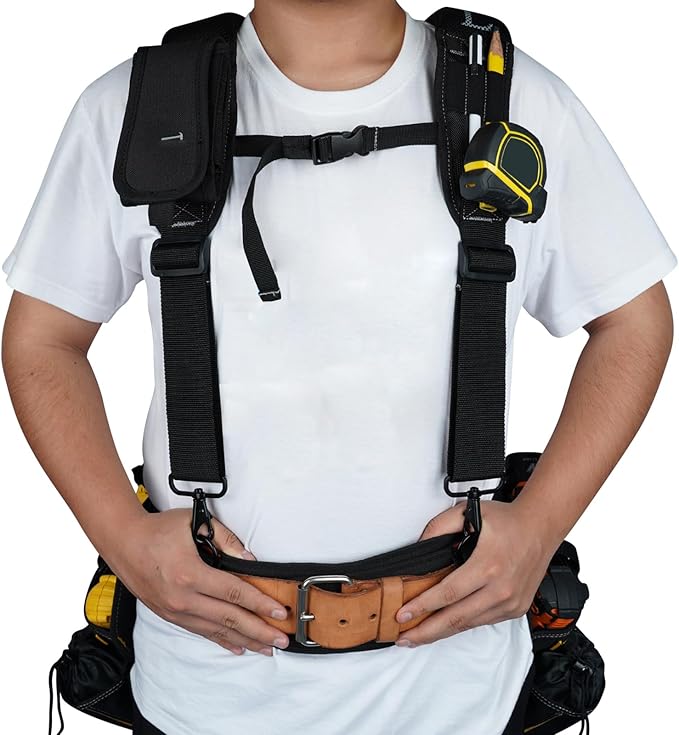 KUNN Tool Belt Suspenders Padded Construction Belt Harness with Gel Shoulder Strap Detachable Phone Holder,4 Tool Belt Loops