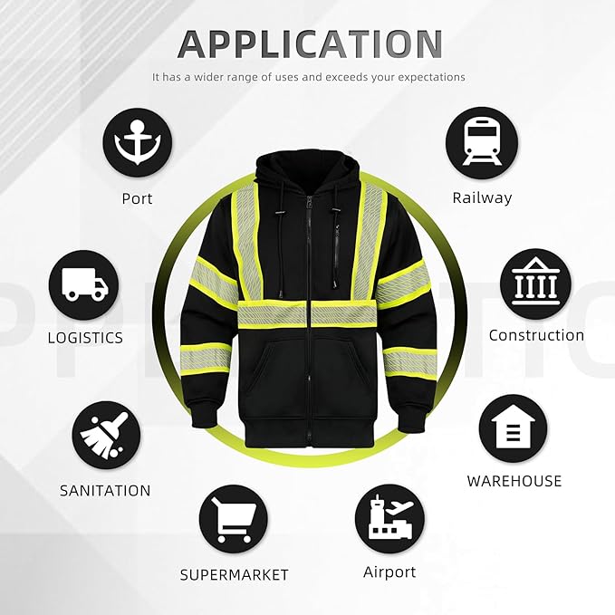 GLIMMR High Visibility Safety Hoodie Reflective ANSI Class 3 Sweatshirts for Men Hi Vis Construction Work Zipper Jackets