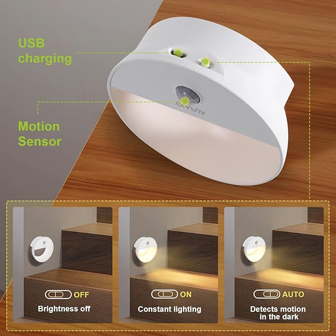 Rechargeable Battery Night Light, Motion Sensor Night Light, LED Warm White Magnetic Stick-on Motion Sensored Hallway Light, with Dusk to Dawn Sensor for Stairs, Wall, Closet, Cabinet (6 Pack)