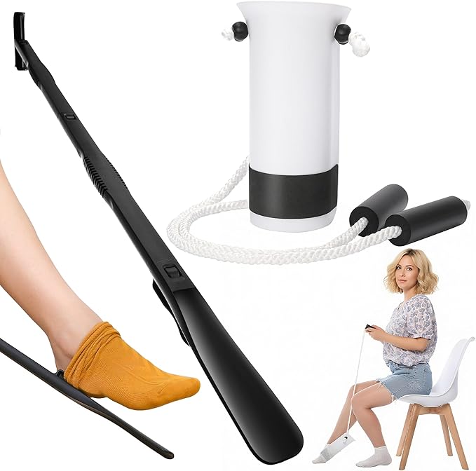 Sock Aids for Putting On Socks Kit - (Sock Helper + 36 Inch Dressing Stick with Sock Remover & Shoe Horn) - Flexible Sock Assistant Device for Seniors & Limited Mobility No Bending