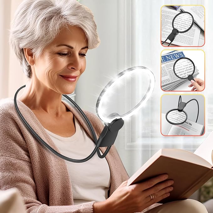 IMICHI Large Magnifier with Light-Hands Free- 5.1 Inch 6X Magnifying Glass Suit for Large Hands/Pursuing a Wide View, Neck-Worn Magnifier for Seniors, Gifts Perfect for Reading, Sewing