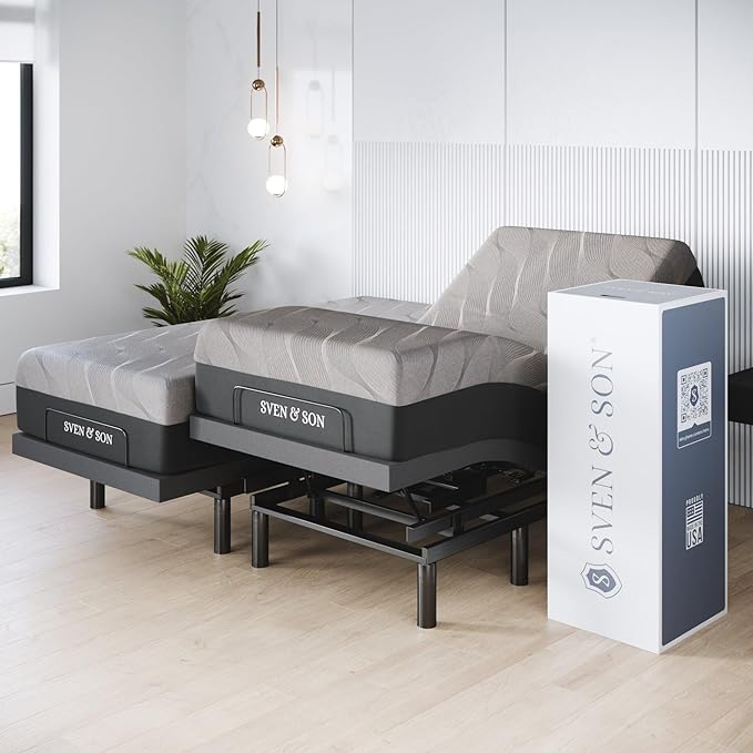 Sven & Son Harmony Adjustable Bed Base, Head and Foot Lift, Massage, Under-Bed Lights, USB, Gel Memory, Zero Gravity Smart Frame - Split King + 14 inch Hybrid Spring Matt (Medium Soft)