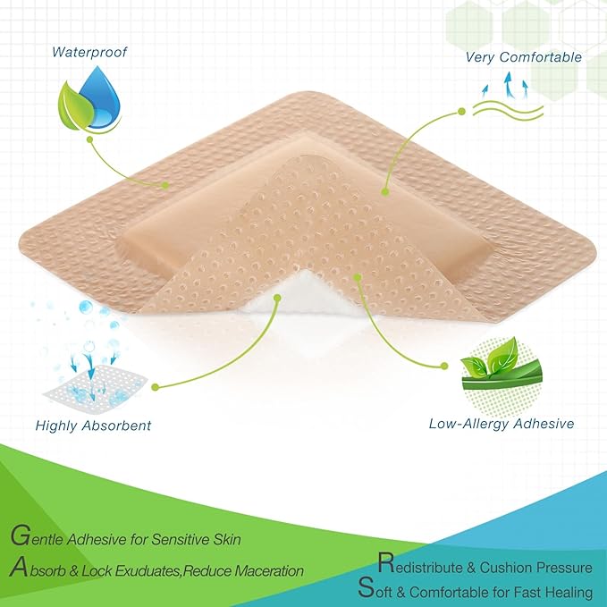 NeuHeils Silicone Foam Dressing with Gentle Border 5''x5'', 10 Pack for Bed Sore Leg Ulcer, High Absorbency Large Waterproof Silicone Adhesive Wound Bandages Patches