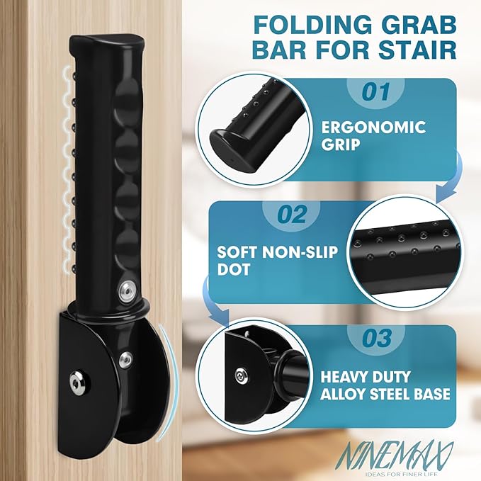 NINEMAX Doorway Assist Handle for Stairs, Flip Up Folding Grab Bar for Wall, Foldable Safety Grab Handle for Elderly/Handicap or People with Balance Issue, Metal Grip Handrail for Seniors