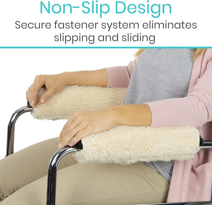 Vive Wheelchair Armrest Covers (Pair) - Memory Foam Sheepskin Accessories Pads for Transport Electric Wheel Chair Arm Rests - for Adults, Seniors, Handicapped - Soft Support Cushion for Mobility Aids