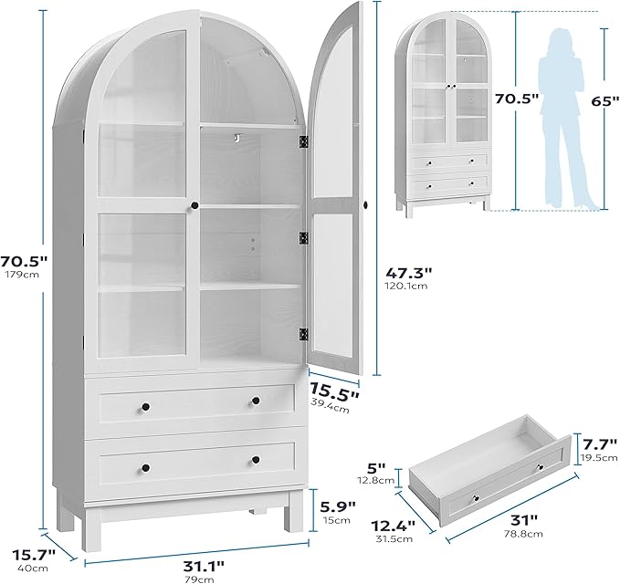 71" Tall Arched Kitchen Pantry, Kitchens Pantry Storage Cabinet with 2 Large Drawers and Adjustable Shelves, Modern Farmhouse Versatile Cupboard for Kitchen, Dining Room, Bathroom, White