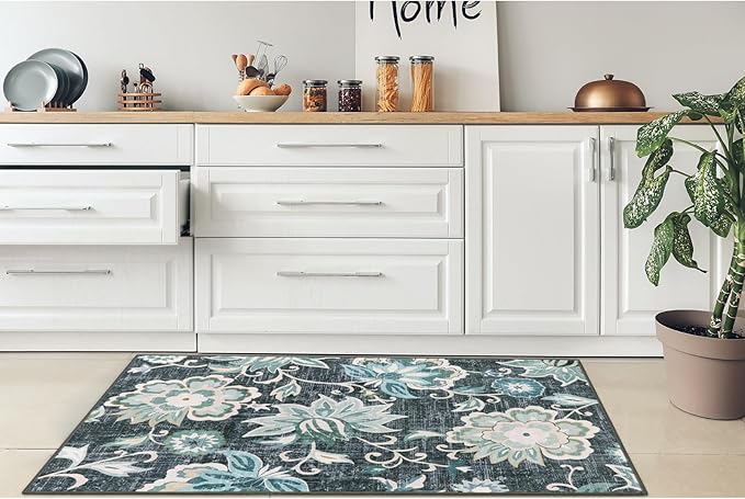 Beeiva Floral 3x5 Machine Washable Area Rugs, Vintage Rug for Entryway with Rubber Backing Paisley Blue, Ultra Thin Bathroom Carpet for Living Bedroom Kitchen