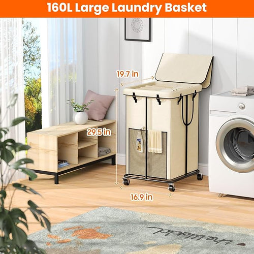 160L Laundry Hamper with Lid, Rolling Laundry Basket with Wheels, Large & Tall Dirty Clothes Hamper with Metal Frame and Removable Bag for Bedroom Aesthetic, Laundry Room, Bathroom, Dorm-White