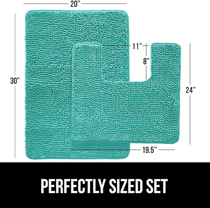 GORILLA GRIP Bathroom Rug Sets, Soft Chenille 2 Piece Area Rugs Set, Toilet Base Mat and 30x20 Carpet, Absorbent Microfiber Washable Mats Dry Quickly, Home Décor and Bath Room Accessories, Turquoise