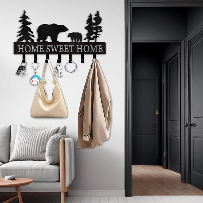 Personalized Key Holder for Wall - Metal Bear Key Rack Wall Mounted with Hooks - Key Holder Hooks Organizer Coat Rack - Animal Theme Hooks Sweet Home Decor for Storage, Hallway, Bedroom, Office