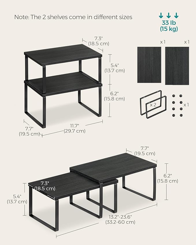 SONGMICS Cabinet Organizer Shelf, Set of 2 Kitchen Counter Shelves, Kitchen Storage, Spice Rack, Stackable, Expandable, Metal and Engineered Wood, Ink Black and Charcoal Black UKCS02B01