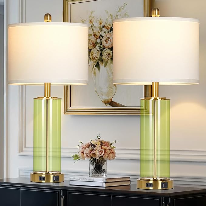 26" Green Glass Table Lamps for Bedside, Modern Living Room Lamps Set of 2, Elegant Coastal Bedroom Lamp with USB A+C Ports & AC Outlet, 3-Way Dimmable Touch Lamp for Nightstand Dining Table