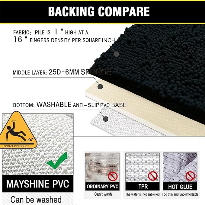 BOANKODU Bathroom Rug Sets, Absorbent Chenille Bath Rugs Non-Slip, 32x20 Inch + 20x20 Inch U Shape, Machine Washable (Black)