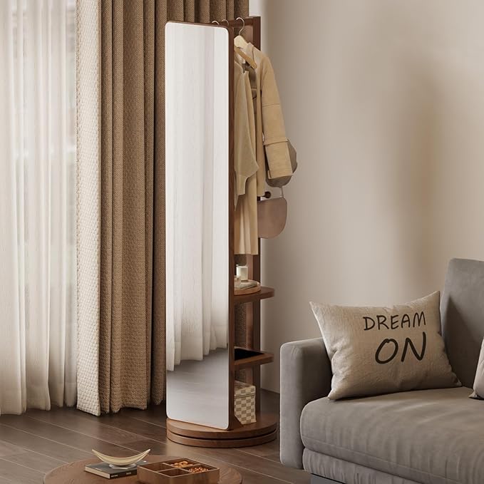 WoodsWhisper Full Length Mirror Coat Rack Solid Wood Floor Mirror 66"x12" Full Length Mirror with Stand Long Mirrors for Bedroom,Living Room