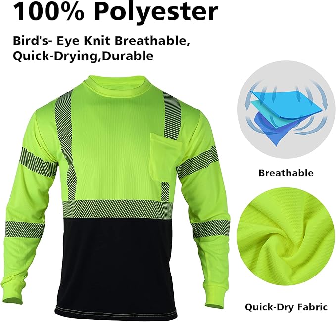 VENDACE 3pcs Safety T Shirts Reflective High Visibility Hi Vis Long Sleeve Construction Work Shirts for Men Class 3