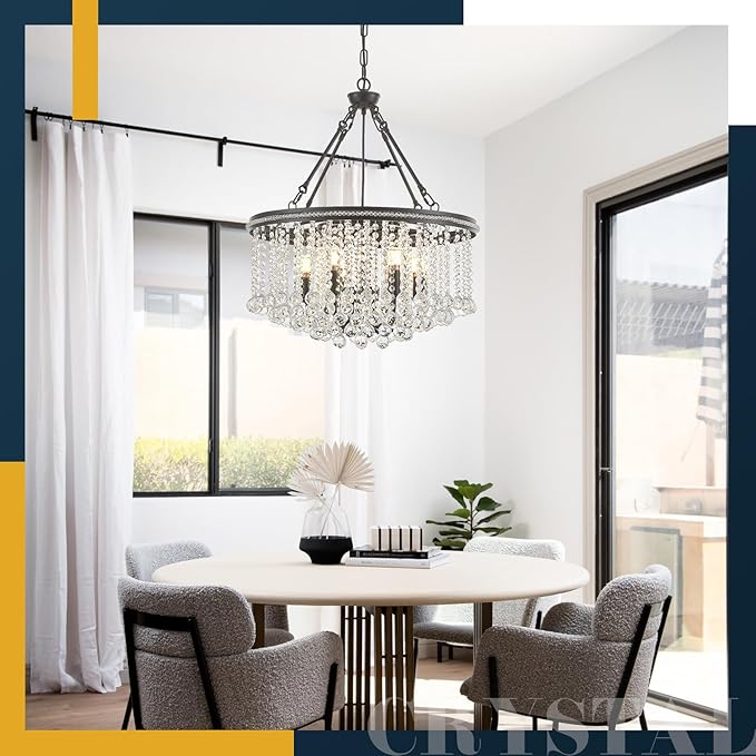 6-Light Black Crystal Chandelier Modern 21.6'' Contemporary Round Pendant Chandeliers Crystal Ball Luxury Ceiling Hanging Lighting for Living Dining Room Kitchen Island Bedroom Entryway Foyer