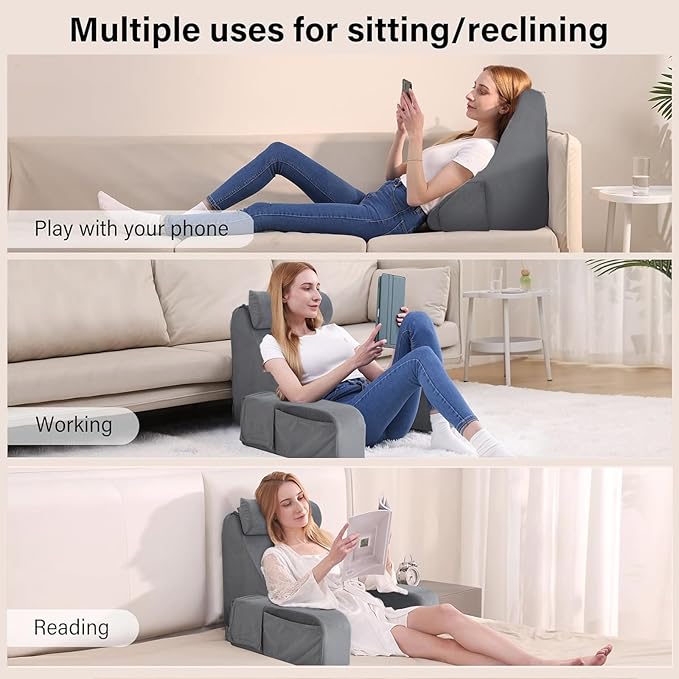 ENITYA Reading Pillow for Sitting in Bed Adult, 19" Back Support Pillow for Bed Sitting up, Backrest Cushion for Reclining,Gaming,Resting,Watching TV in Couch or Floor, Wedge with Arms, Medium(Grey)