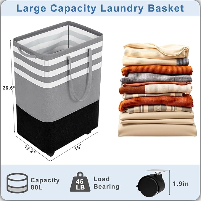 Wakefit 80L Large Laundry Basket, Laundry Hamper with 4 Wheels, Collapsible Waterproof Clothes Basket, Freestanding Hamper with Handles for Bedroom, Bathroom, Laundry Room (Gray - S)