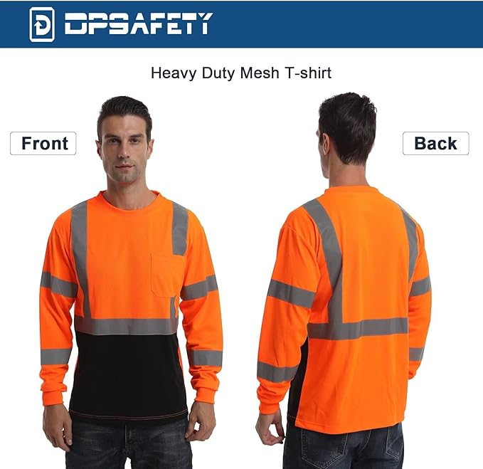 High Visibility Class 3 T Shirts，Hi Vis Safety Shirts with Reflective Strips and Pocket, Long Sleeve Quick Dry Mesh Construction Work Shirt for Men/Women Black Bottom Orange,3XL