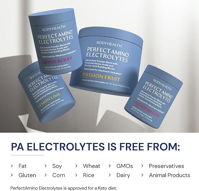 BodyHealth PerfectAmino Electrolytes Powder No Sugar, Keto Sugar Free Fasting Electrolytes Drink Mix, Hydration Powder with Trace Minerals - Mixed Berry - 60 Servings