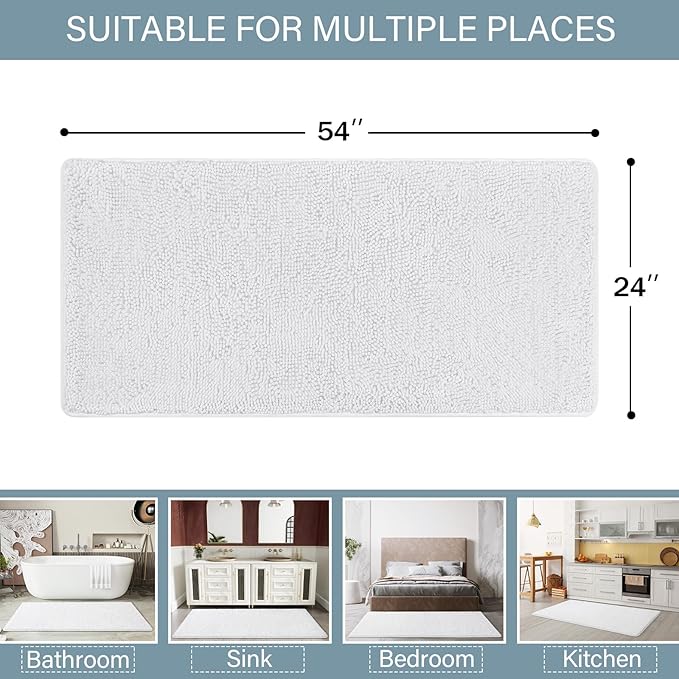 LOCHAS Luxury Bathroom Rug Shaggy Bath Mat 24 x 54 Inch, Washable Non Slip Bath Rugs for Bathroom Shower, Soft Plush Chenille Absorbent Carpets Mats, White