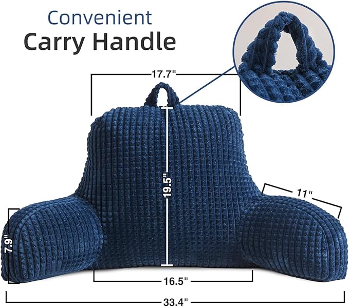 Holawakaka Reading Pillow for Bed and Sofa Couch Sitting Up, Backrest Pillows with Arms for Kids Teens Adults, Back Support Cushion for Lounging, Watching TV, Working on Laptop, Navy Blue