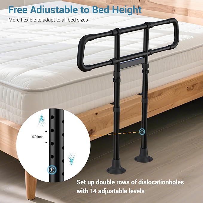 Bed Rails for Elderly Adults Safety:Adjustable Bedside Assist Rails with Storage Pockets,400LB Gravity Capacity, Non-Slip Handle, Sensor Night Light & Storage Pocket – Bed Cane & Handrail for Seniors