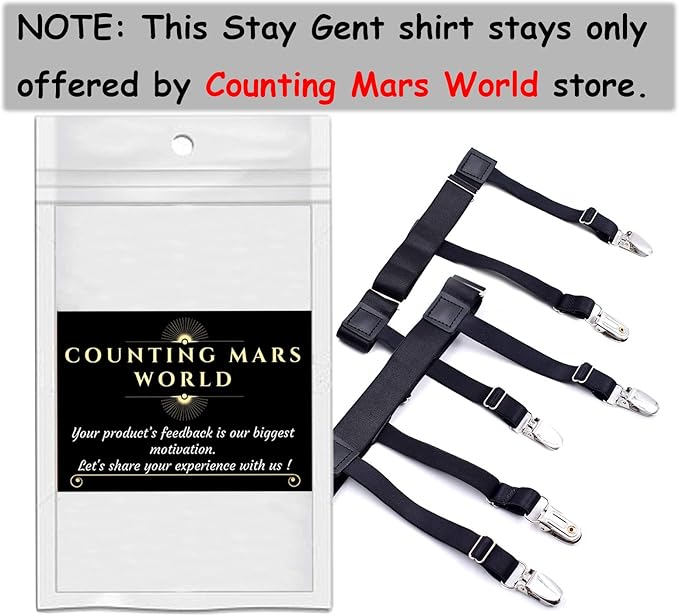 STAY GENT Y-Style Shirt Stays For Men with Non-Slip Locking Clamps and Adjustable Elastic Straps