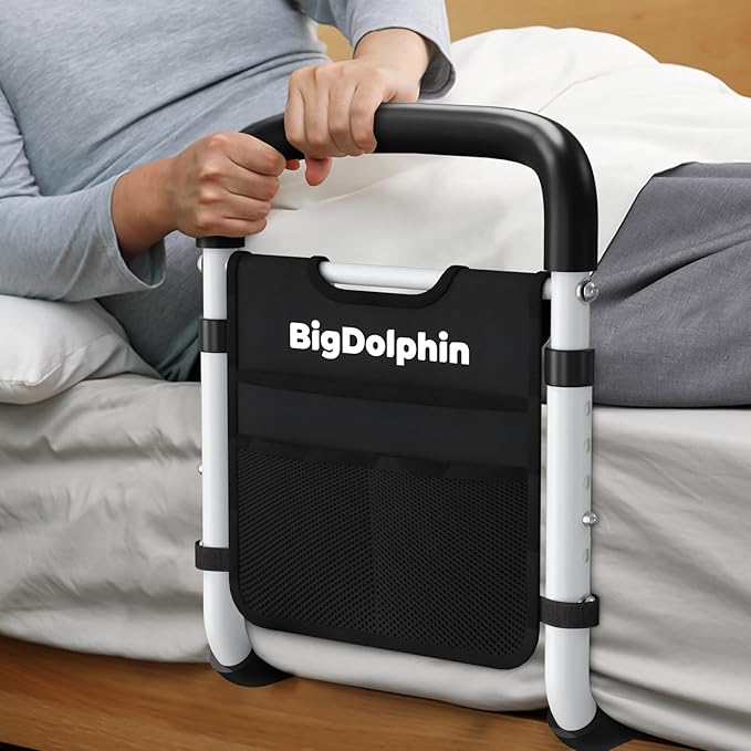 Bed Rails for Elderly Adults - ASTM Approved Adjustable Bed Cane with Non-Slip Ergonomic Handle & Storage Pocket, Bed Railings for Seniors Hold up to 350 LBS, Tool-Free