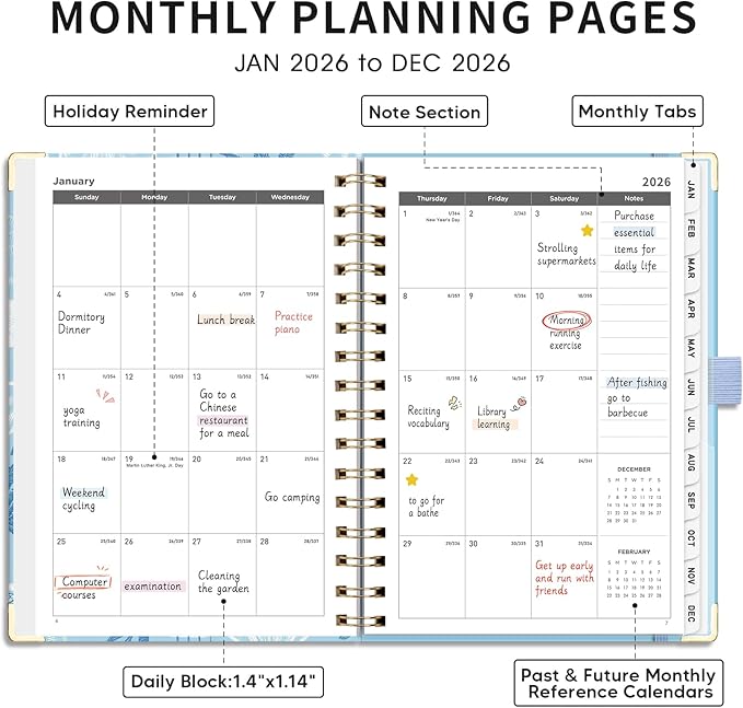 AHGXG 2026 Planner, Weekly and Monthly Planner for Women, Jan 2026 - Dec 2026, Medium Size (5.7" x 8.3"), Calendar 2026, Hardcover with Monthly Tabs, Spiral-Bound, 100 GSM Thick Paper, Blue-Ocean