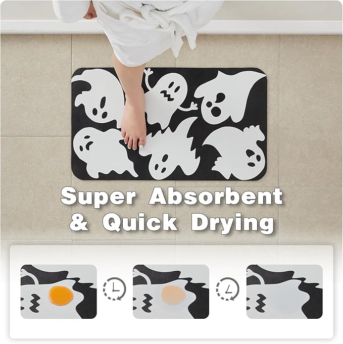 Halloween Bath Mat, Thin Halloween Bathroom Rug Non Slip Quick Dry Ghost Bath Mat Fits Under Door Thin Floor Mat Halloween Decor, 17''x30'', Ghosts Black