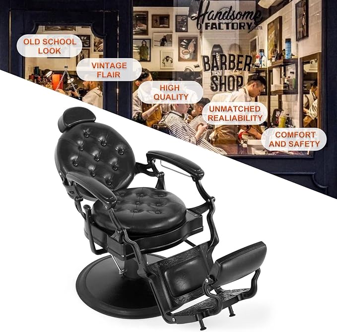 Artist hand Retro Barber Chair Heavy Duty Barber Chairs Vintage Salon Chair Hydraulic Recline Chair Rounded Cushioning Beauty Spa Styling Equipment(Black)