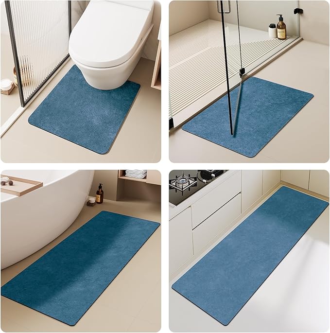 Bathroom Mat Quick Dry, Bathroom Rugs Non Slip Washable Thin Absorbent Bath Mat Fits Under Door Bathroom Floor Mat Perfect for Bath, Shower, or Sink 16"x24" Denim Blue