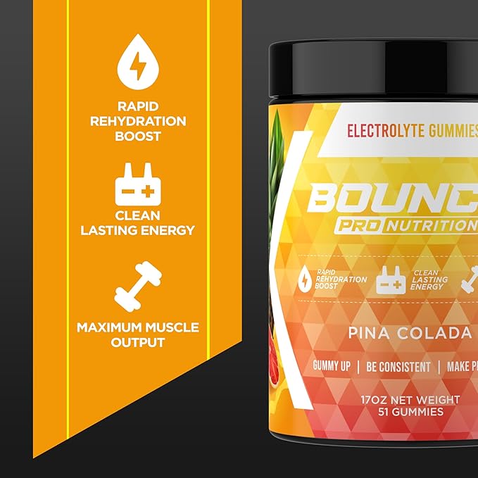 Bounce Pro Hydration Electrolyte Gummies – 30 Vegan Chewable Gummies with Sodium, Potassium & Magnesium for Running, Workouts & Endurance – No Sugar, Caffeine Free Electrolyte Chews, Pina Colada