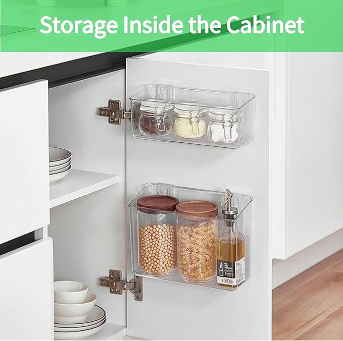 vacane 2 Pack Plastic Adhesive Mount Over Cabinet Door Organizer, Wall Organization Container Makeup Organizer Hanging Basket Bins for Kitchen, Pantry, Craft Room, Office, Space Saving Holder