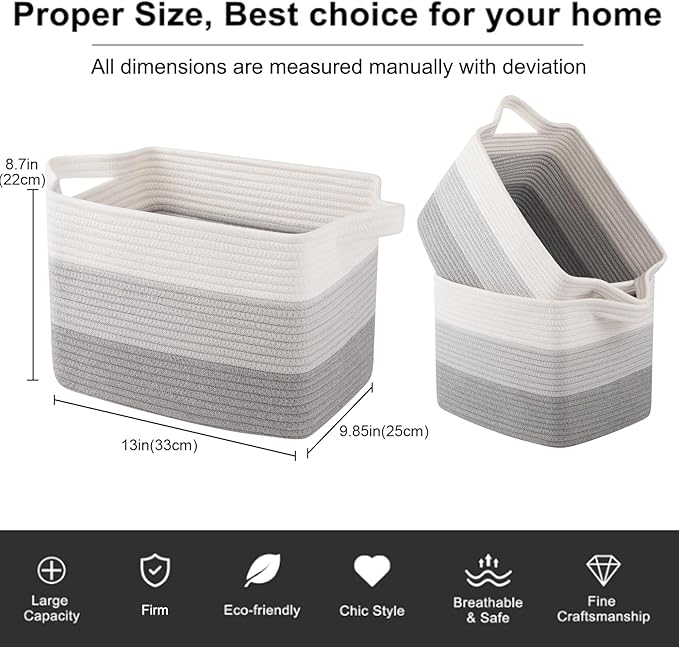 OIAHOMY Storage Basket, Woven Baskets for Storage, Cotton Rope Basket for toys,Towel Baskets for Bathroom - Pack of 3, Gradient Gray