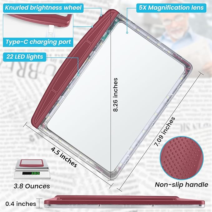 Rechargeable 5X Magnifying Glass for Reading, Large Bright Full Page Magnifier with Light, Handheld LED Dimmable Lighted, Lightweight Book Magnifier for Reading Small Prints Seniors - Red