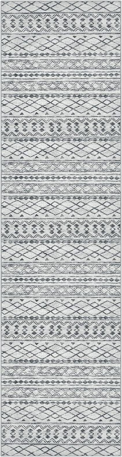 KUTA Moroccan Washable Runner Rug, 2x10 Non-Slip Vintage Grey Boho Hallway Kitchen Runners Ultra Soft Distressed Geometric Floor Carpet Rugs for Bedroom Laundry Living Room