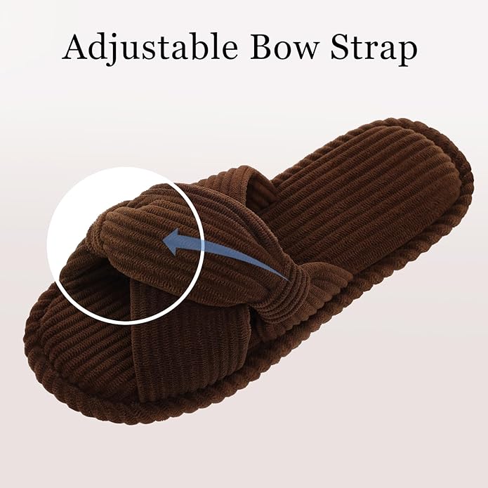Evshine Fall House Slippers for Women Corduroy Cross Bow Indoor Slippers Open Toe Slip On Bedroom Shoes with Memory Foam
