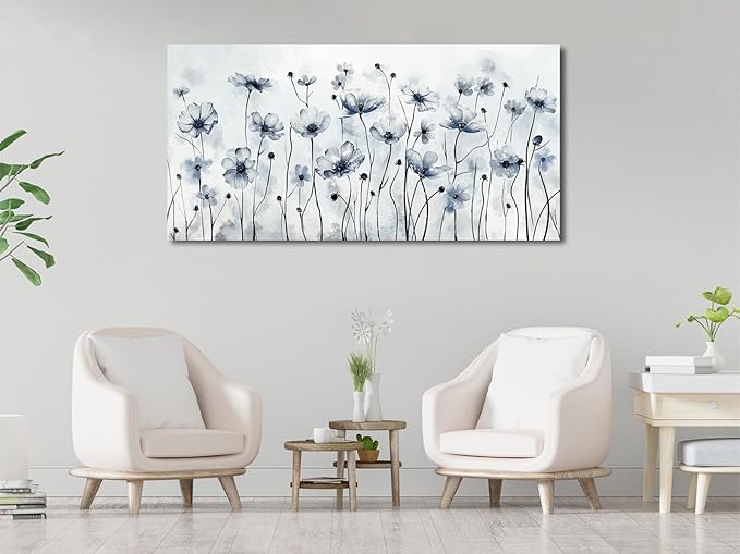 VEAEE Framed Flowers Canvas Wall Art - Indigo Floral Canvas Pictures, Living Room Wall Decor, Botanical Canvas Prints Painting Abstract Artwork Bedroom Office Home Decor 29"x58"