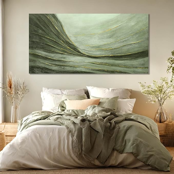MLART99 Large Green and Gold Abstract Canvas Wall Art 24x48 Inch Modern Minimalist Painting for Living Room Bedroom Office Above Couch Wall Decoration Home Décor