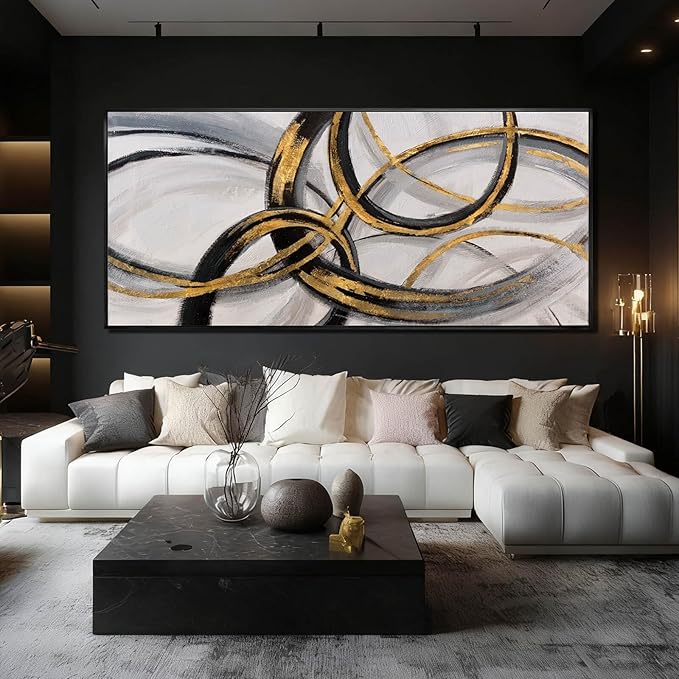Black and Gold Line Wall Art Abstract Wall Decor Neutral Canvas Posters 32"x70" Large Framed Art for Living Room Office Pictures
