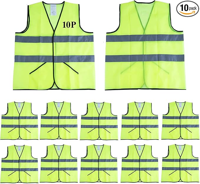 Safety Vests 10 Pack -Yellow Reflective High Visibility Construction Work Vests for Men,Woman,Pockets,Hi Vis Mesh and Neon Silver Strip,CIMC