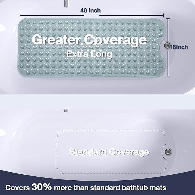 Extra Long Bathtub Mat Non Slip, Mint Green Soft Bath Mat for Tub 40 x 16 Inch Full Size, Bath Tub Shower Mats for Bathroom Floor, Big Suction Cups and Drain Holes, Easy Washable, BPA Free