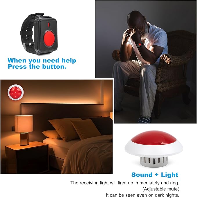 Wireless Call Strobe Light System for Elderly Wrist SOS to Caregiver Pager Life Alert Systems for Seniors Patients at Home Hospitals Nurse with 1 Call Light Waterproof Watch and Lanyard Panic Button